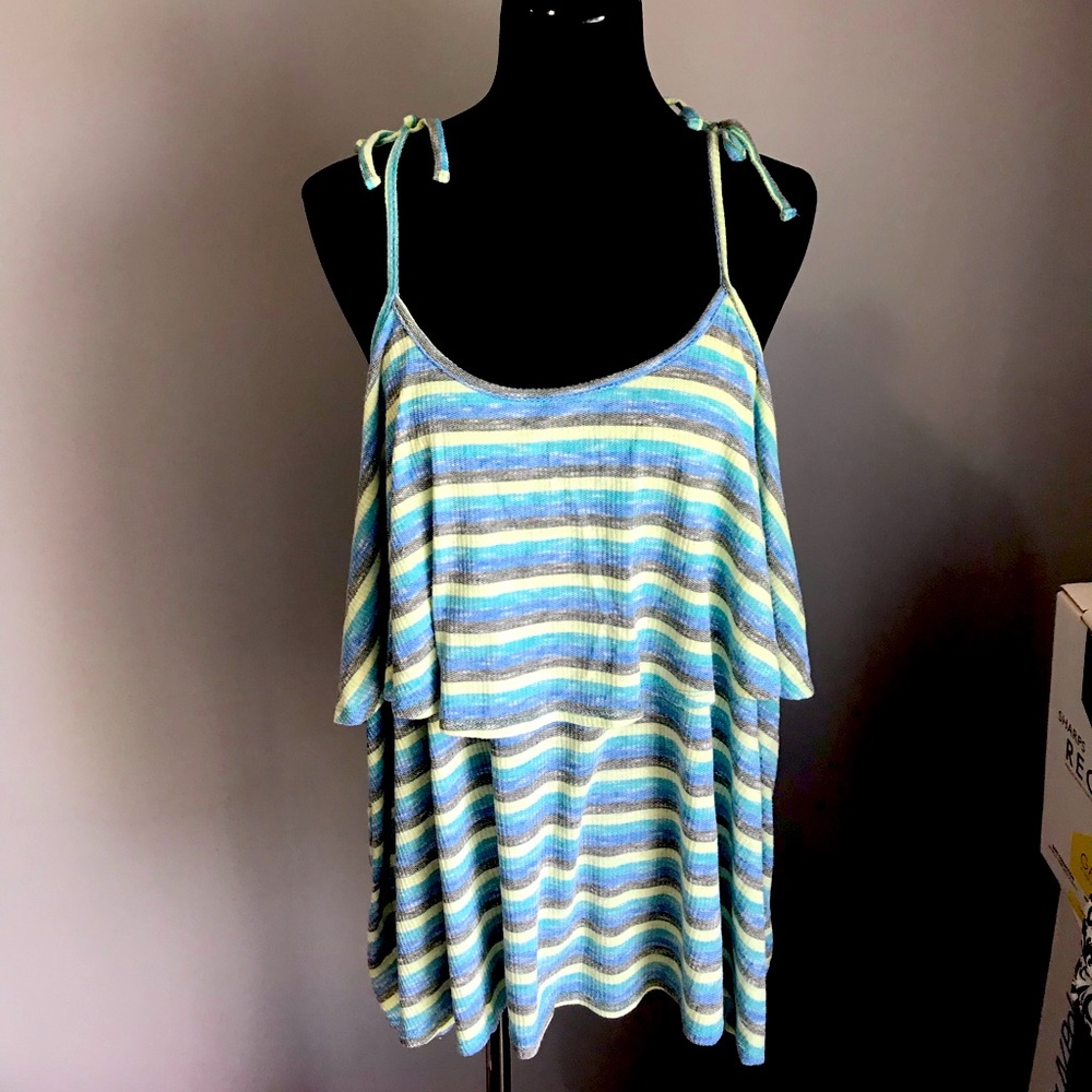 Beautiful mixture of greens, blue and yellow strap tank top
